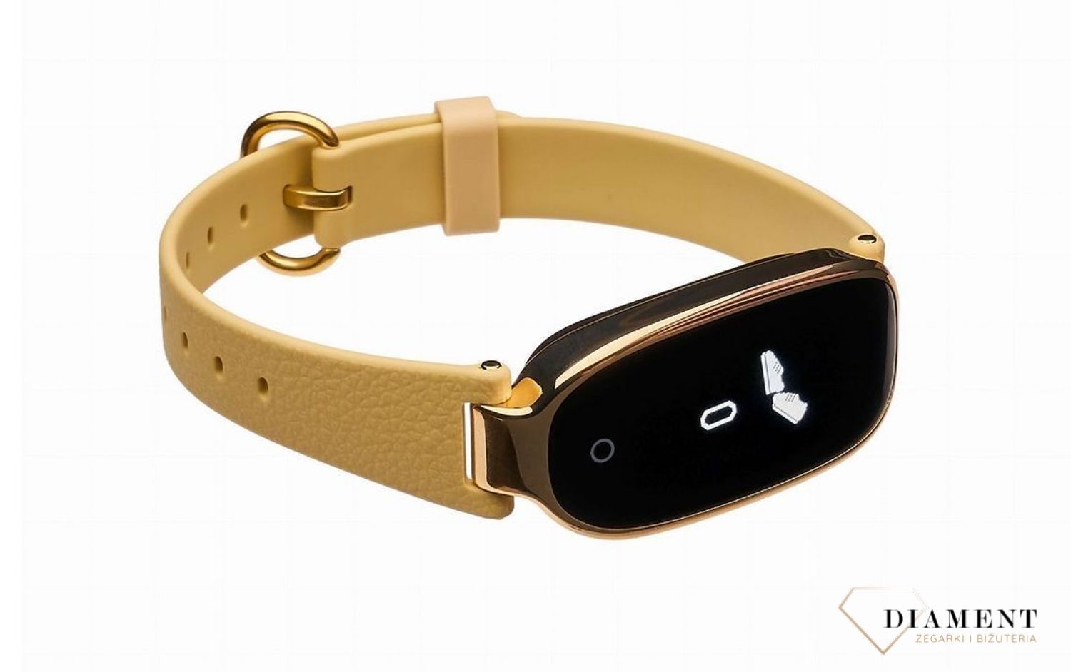 Nowoczesny i modny dodatek w postaci smartwatcha w kolorze żółtym ze złotą kopertą. Piękny dodatek do stylizacji. Idealny na prezent.  (2).jpg